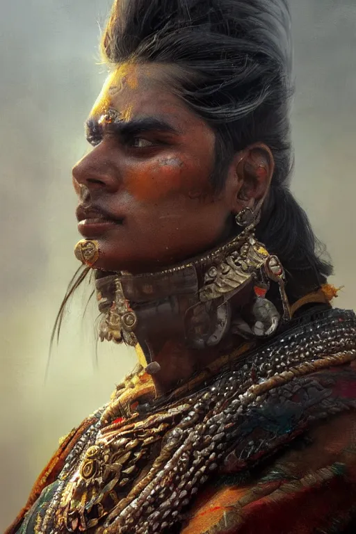 Image similar to hindu warrior, close - up portrait, fierce, intricate, elegant, volumetric lighting, scenery, digital painting, highly detailed, artstation, sharp focus, illustration, concept art, ruan jia, steve mccurry