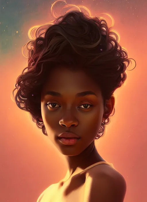 Image similar to handsome young black women with shoulder length brown hair, half body shot, path traced, highly detailed, high quality, digital painting, alena aenami, lilia alvarado, shinji aramaki, karol bak, alphonse mucha, tom bagshaw