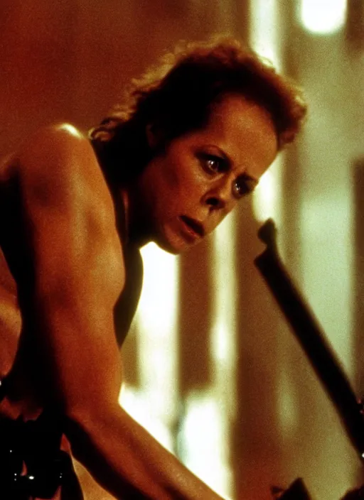 Image similar to film still of Sigourney Weaver as John McClane in Die Hard, 4k