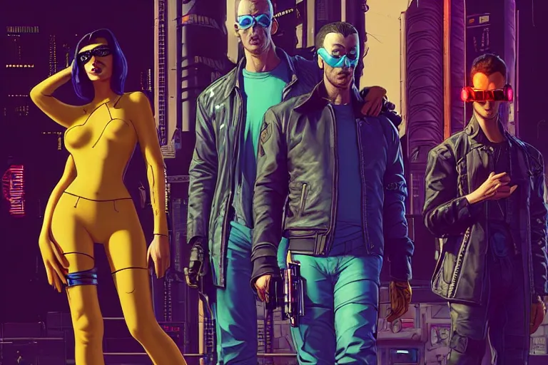 Image similar to cyberpunk heist crew. portrait by stonehouse and mœbius and will eisner and gil elvgren and pixar. character design. realistic proportions. dystopian. cyberpunk 2 0 7 7, apex, blade runner 2 0 4 9 concept art. cel shading. attractive face. thick lines. hi def 4 k. the team. detailed characters.