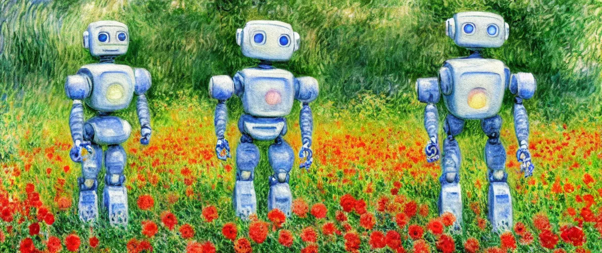 Prompt: a robot standing on flower garden looking small with many kinds flower arround him, watercolor art, 1 8 8 0 s, calude monet style, colorfule, hd, uhd