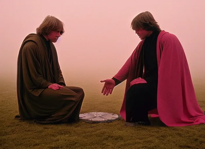 Prompt: Luke skywalker kneels before a star wars alien oracle, a mystic with infinite knowledge of time. in a foggy pink land. still from the 1983 film directed by David Lynch. Photographed with Leica Summilux-M 24 mm lens, ISO 100, f/8, Portra 400