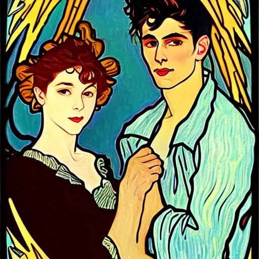 Image similar to painting of handsome young delicate beautiful jeffrey in his 2 0 s with brown hair and gorgeous rina together at the jack o'lantern halloween party, elegant, clear, painting, stylized, art, art by alphonse mucha, vincent van gogh, egon schiele,