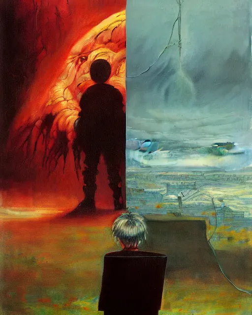 Prompt: 8k professional photo of an 8 years old boy standing in front of a computer from 90s with a game doom2 at the monitor screen, Beksinski impasto painting, part by Adrian Ghenie and Gerhard Richter. art by Takato Yamamoto, masterpiece