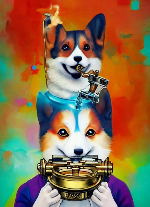 Image similar to beautiful portrait painting of a cute lofi cyberpunk corgi smoking cannabis out of a bong, by Afarin Sajedi, Alessandro Barbucci, Alex Gross, Shin Jeongho, Shohei Otomo. trending on Artstation, 8k, masterpiece, face enhance, graffiti paint, fine detail, full of color, intricate detail, golden ratio illustration