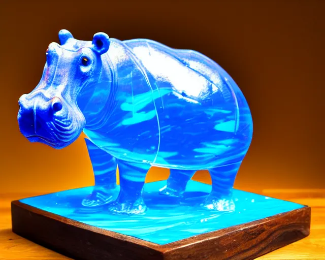 Image similar to a sculpture of hippo baby, bottom half wood carved, top half blue translucid resin epoxy, cubic blocks, side view centered, mixmedia, transparent,