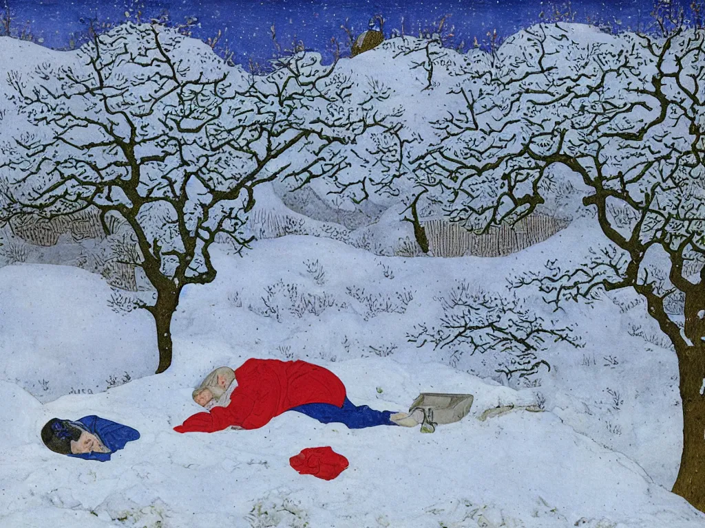 Image similar to portrait of a man sleeping in the snow. painting by limbourg brothers