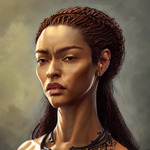 Image similar to beautiful, very strong, mixed race, female, aged 4 0, face, no makeup, head shot, fantasy, highly detailed, digital painting, artstation, concept art, smooth, sharp focus, illustration, art by brom