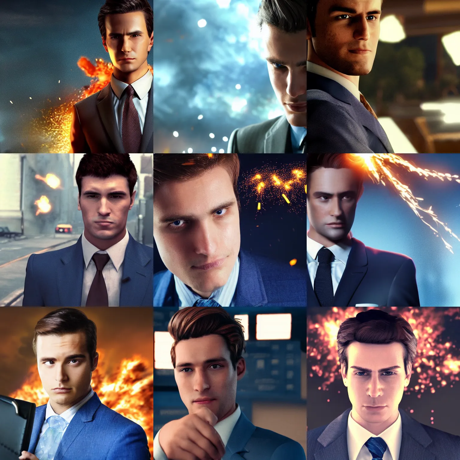 Prompt: epic cinematic close up of a man in his 20s with brown hair, wearing a blue business suit and holding a briefcase, looking on confidently at the camera with explosions behind him, battlefield, 4k