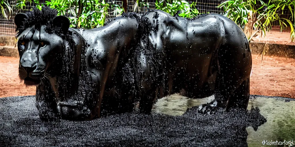 Image similar to the black lioness made of ferrofluid, in the zoo exhibit, viscous, sticky, full of black goo, covered with black goo, splattered black goo, dripping black goo, dripping goo, splattered goo, sticky black goo. photography, dslr, reflections, black goo, zoo, exhibit