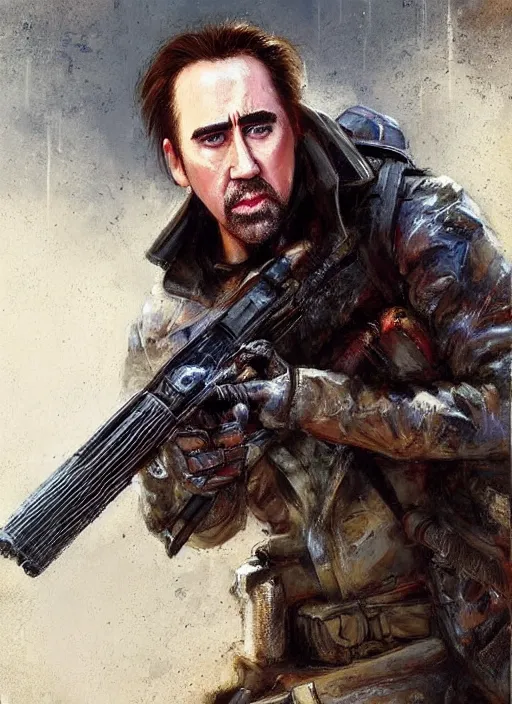 Image similar to nicholas cage as a ranger with a rifle painted by raymond swanland