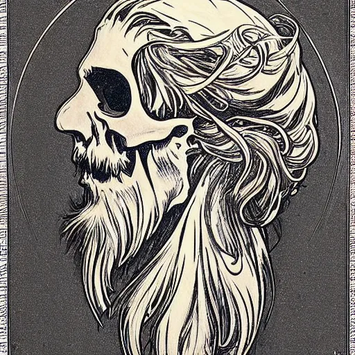 Prompt: bearded skull, illustration, art by alphonse mucha