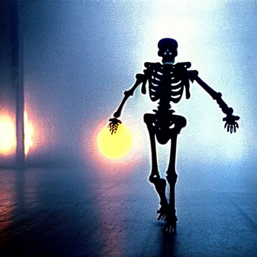 Image similar to a glowing skeleton walking. still from blade runner.