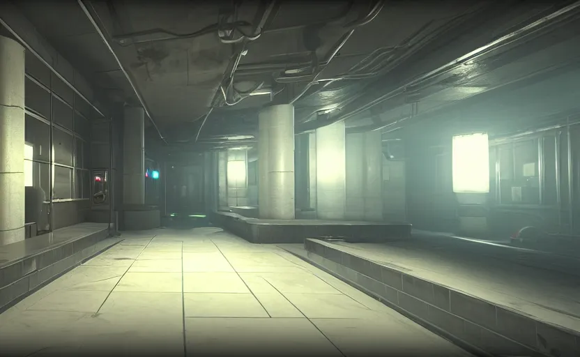 Prompt: screenshot of a game on unreal engine 5, narrow underground laboratory, photorealistic, liminal, retrofuturism, minimalism, clean, soft vintage glow