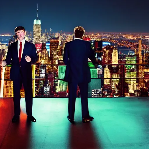 Prompt: two apes dressed in suits posing in front of camera drinking a cocktail on a fancy new york roof top at night, extreme wide angle cinematic shot, fancy night club lights, red and green, in the style of pixar, ashley wood, robert valley - n 5