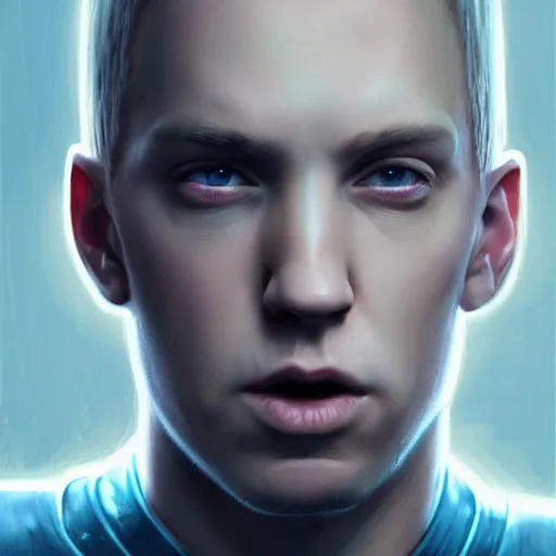 Image similar to portrait of eminem as a shocked man by greg rutkowski, he is about 3 0 years old, short blond hair, athletic and strong, straight jaw, wearing futuristic timepunk space gear, highly detailed portrait, digital painting, artstation, concept art, smooth, sharp foccus ilustration, artstation hq.