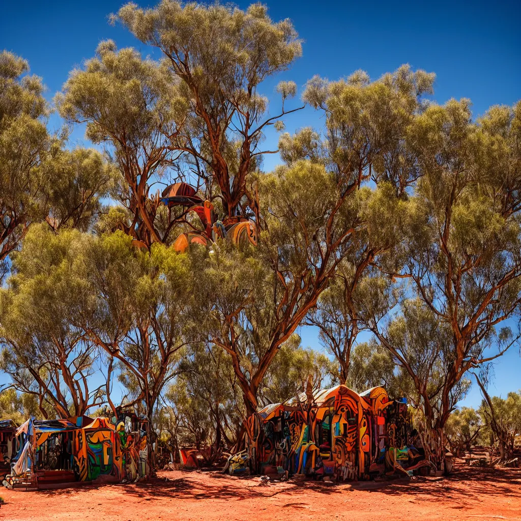 Image similar to psytrance utopia village in the australian outback, XF IQ4, 150MP, 50mm, F1.4, ISO 200, 1/160s, natural light