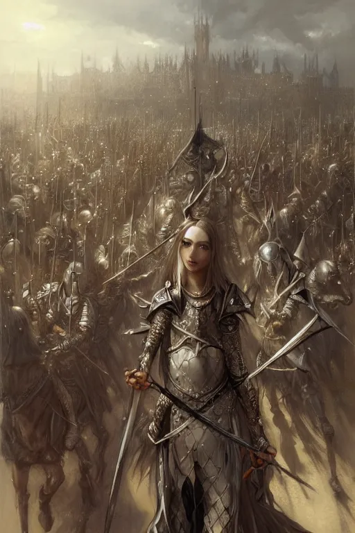 Image similar to medieval parade of knights, by wlop, by luis royo, by peter mohrbacher, concept art, digital illustration, intricate, masterpiece, elegant, super detailed, unreal engine rendering, smooth, sharp focus, artstation hq