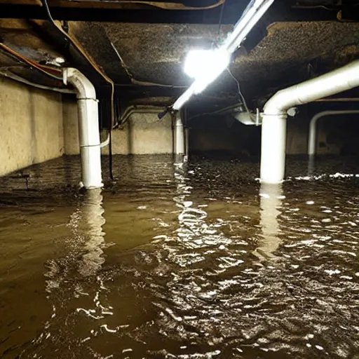 Image similar to deep underground bunker, flooded, dirty water, dense rusty pipes network, dense cables network, mold