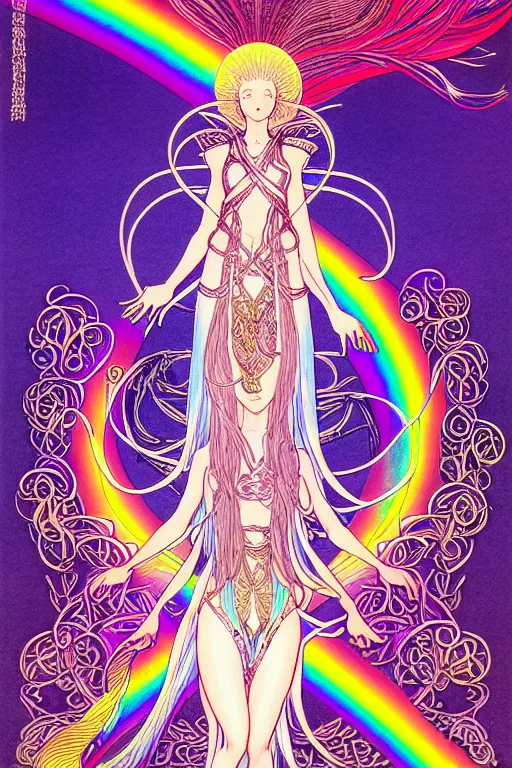 Prompt: illustration of a female elf goddess, prismatic healing waves emanate all around in a healing spring, rainbows, intricate linework, in the style of moebius, ayami kojima, 1 9 9 0's anime, retro fantasy