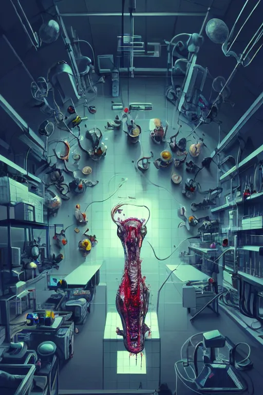 Image similar to top view photorender of many mechanics in lab facility looking at bloody disney mouse head lifted by claw, made by beeple, cgsociety, artgerm, greg rutkowski, highly detailed intricate 4 k art, low light cinematic, octane render, unreal engine, smooth concept art