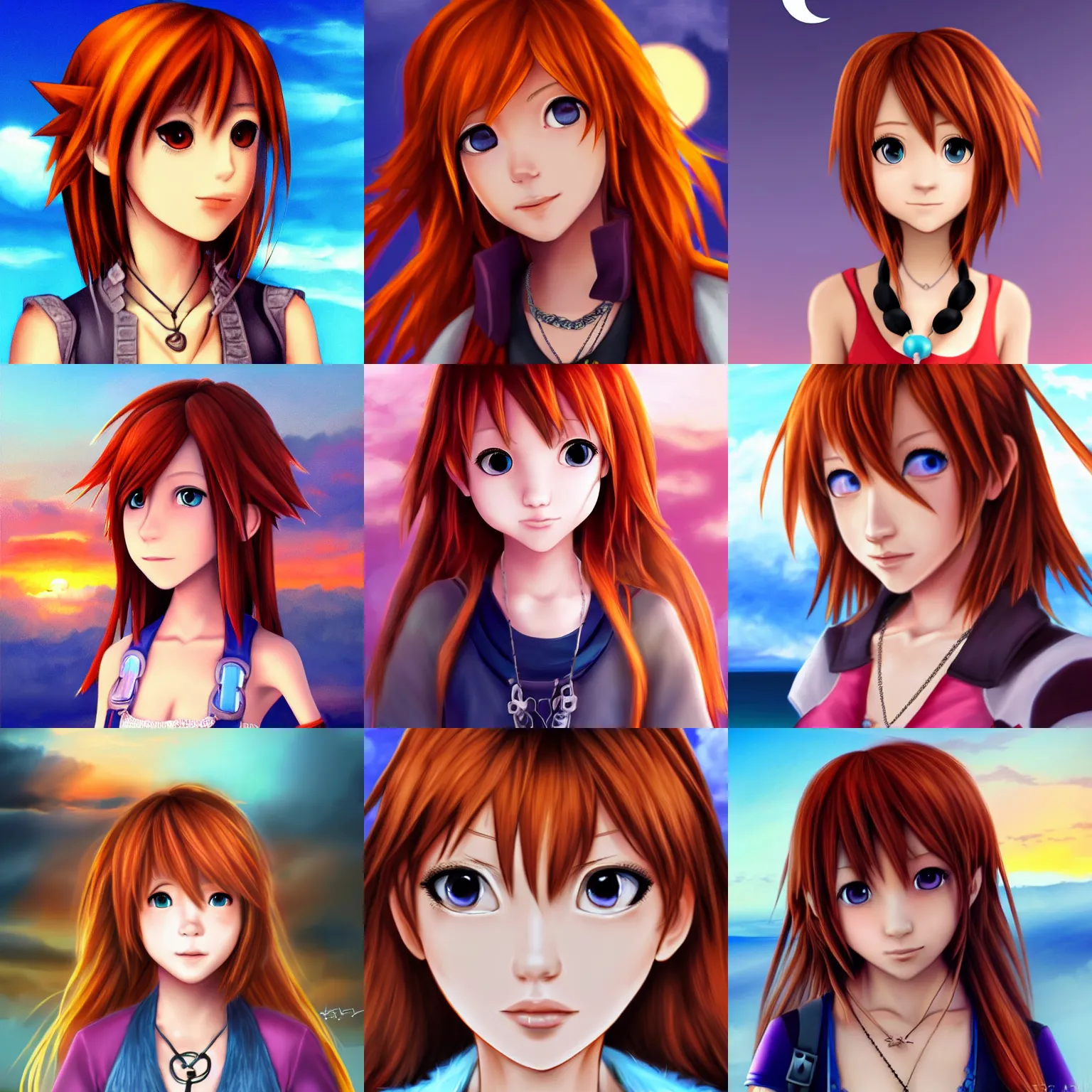 Prompt: kairi with sunset clouds as the background | kingdom hearts character portrait, trending on artstation, deviantart, painttoolsai, pixiv, 8 k, fanart | girl with auburn hair, blue eyes, a pale complexion, and a necklace with a silver bead