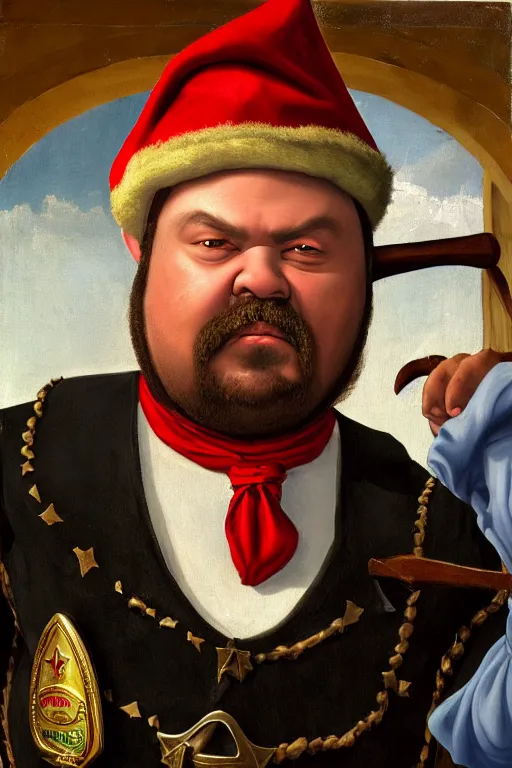 Image similar to high fantasy elf mall cop at a tavern with a sheriff's badge that is fat, shifty, and incompetent, portrait from the chest up, Famous painting by Renaissance Painter Carvagio, Oil Painting, hyper realistic,, 8k UHD scan