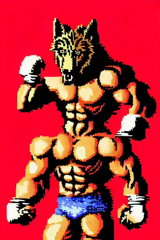 Prompt: extreme long shot. heavy jpeg artefacts compression. 8 bit nes graphics. 8 0's. vhs artefacts. antropomorphic muscular masculine wolf. kickboxer fighter, in shorts. wolf head. angry. fine details, very sharp, art from nes game cartridge, vaporwave style, marc simonetti and hermann nitsch and anish kapoor.