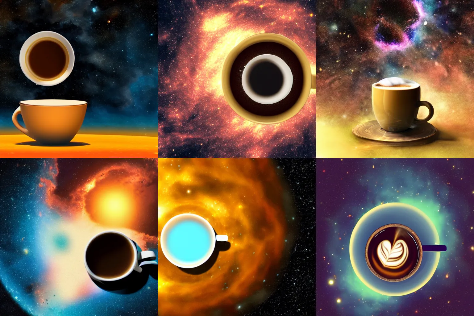 Prompt: a hot cup of coffe floating in space in front of a galaxy, golden ratio, cinematic, trending on artstation, deviantart and cgsociety, 8k, high resolution