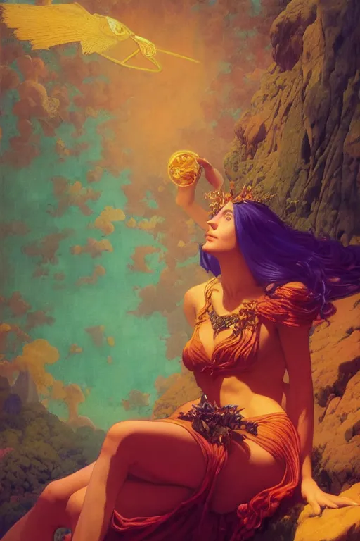 Image similar to portrait of a beautiful sorceress, vivid color, complementary color, golden ratio, detailed, sharp lines, sharp focus, intricate, rainbowshift, by maxfield parrish, by peter mohrbacher, by gustave dore, by artgerm, by alphonse mucha, deviantart, octane render