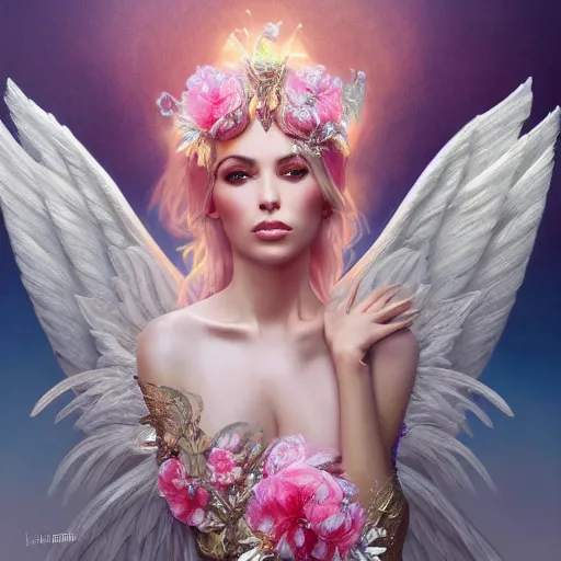 Image similar to expressive full body photo of sophia lauren as beautiful angel, smooth glowing skin, ornate headpiece made from pink flowers, glamour shot, by karol bak, by greg rutkowski, by artgerm, octane render, unreal engine, photorealistic, canon r 3, fashion photography