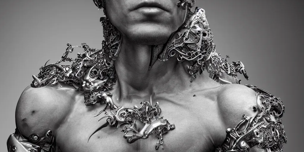 Image similar to hyper realistic photography of a stunningly beautiful cyborg male, elbow and chest, arm tensed, in the style of beth cavener, jin kagetsu, and wlop, highly detailed, intricate filigree, symmetry, masterpiece, award winning, sharp focus, concept art, highkey lighting, ambient lighting, octane render, 8 k, artstation