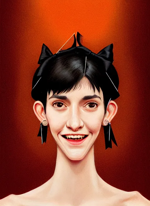 Image similar to portrait of high school girl, realistic, black hair, bangs, half updo hairstyle, pointy nose, skinny, smile, ugly, defined jawline, big chin, orange hair bow, earrings, intricate, elegant, glowing lights, highly detailed, digital painting, artstation, sharp focus, illustration, art by wlop, mars ravelo and greg rutkowski