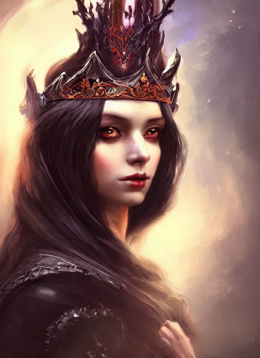 Image similar to mysterious dark and beautiful witch with long hair and a crown, fantasy, medieval, vivid colors, fantasy, elegant, concept art, sharp focus, beautiful face!!, digital art, Hyper-realistic, 4K, Unreal Engine, Highly Detailed, HD, Dramatic Lighting by Brom, trending on Artstation