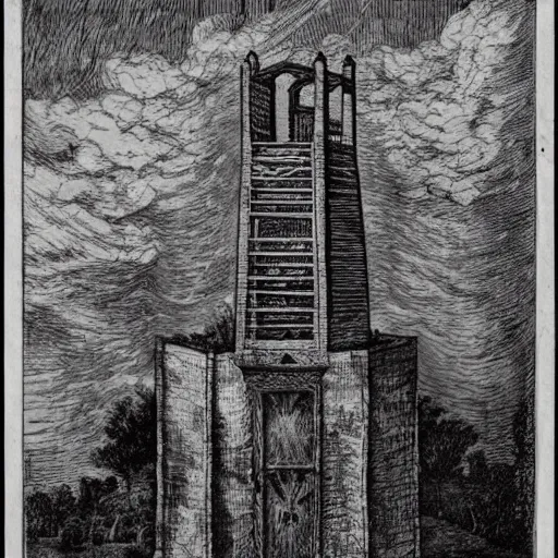 Image similar to Etching of the abandoned wizard\'s tower in the overgrown garden. Piranesi.