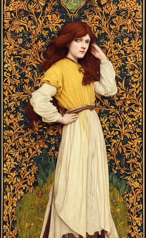 Prompt: full body hipster masterpiece of preraphaelite portrait photography, brown hair fringe, yellow ochre ornate medieval dress, william morris and kilian eng and mucha, framed, 4 k