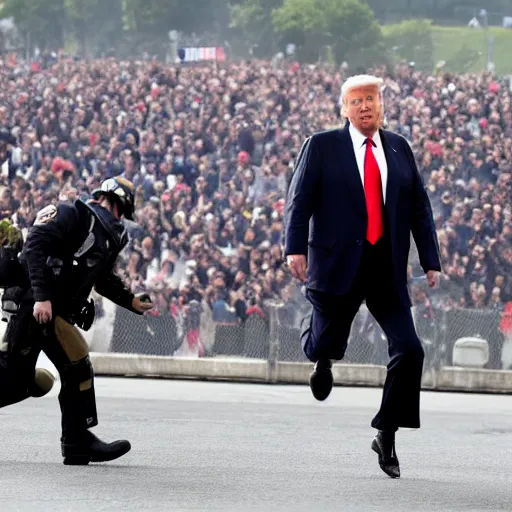 Prompt: donald trump running from policemen that are chasing him behind him, helicopters and explosions in the background