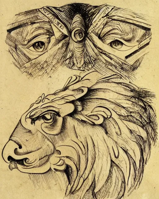 Image similar to four faces on different sides of one creature, eagle, lion, ox, human, drawn by da vinci