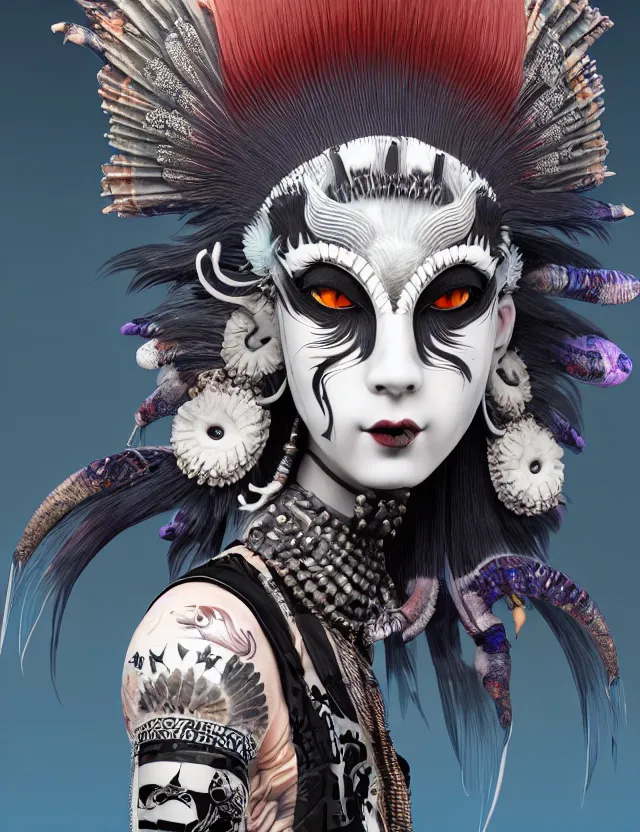 Image similar to 3 d goddess close - up profile portrait punk with mohawk with ram skull. beautiful intricately detailed japanese crow kitsune mask and clasical japanese kimono. betta fish, jellyfish phoenix, bio luminescent, plasma, ice, water, wind, creature, artwork by tooth wu and wlop and beeple and greg rutkowski