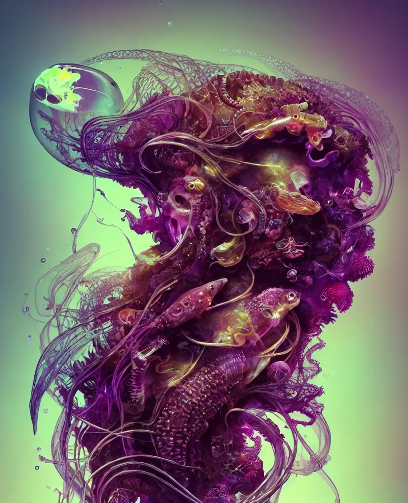 Image similar to goddess close-up portrait animal skull. jellyfish phoenix head, nautilus, orchid, skull, betta fish, bioluminiscent creatures, intricate artwork by Tooth Wu and wlop and beeple. octane render, trending on artstation, greg rutkowski very coherent symmetrical artwork. cinematic, hyper realism, high detail, octane render, 8k