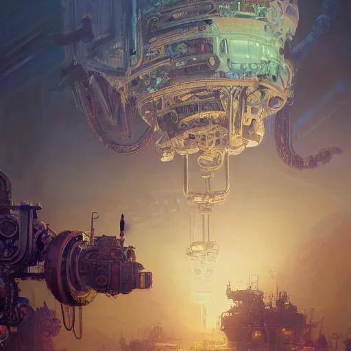 Prompt: a highly detailed oil painting of an imagination machine, concept art, artstation, cgsociety, very detailed, intricate, detailed illustration, by greg rutkowski and alphonse mucha, Paul Lehr and Beeple, iridescent accents, ray tracing, product lighting, sharp, smooth, masterpiece, cinema 4D