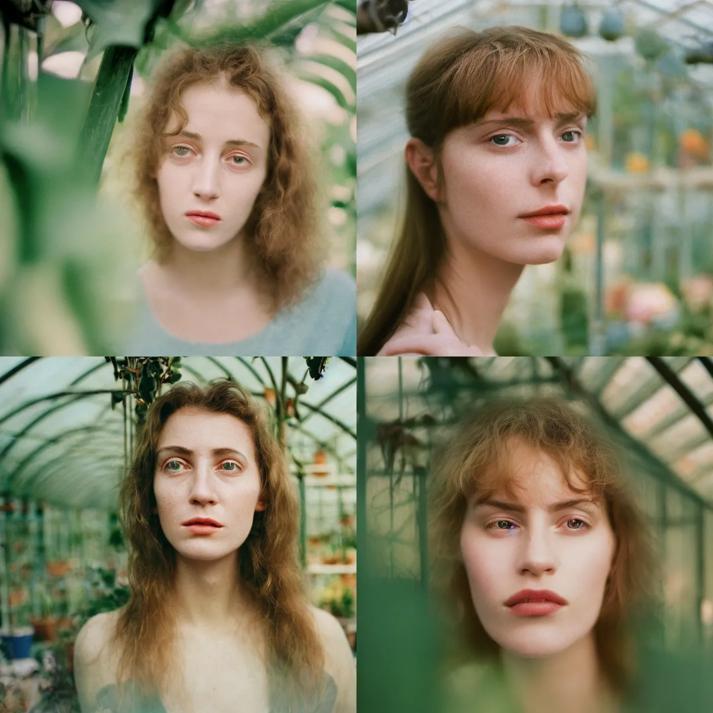 Prompt: head and shoulder, close up portrait photograph of a woman inside a greenhouse by nina masic. pastel colors. portra 4 0 0 film. mamiya 7. highly detailed. hq. photoreal. golden hour.