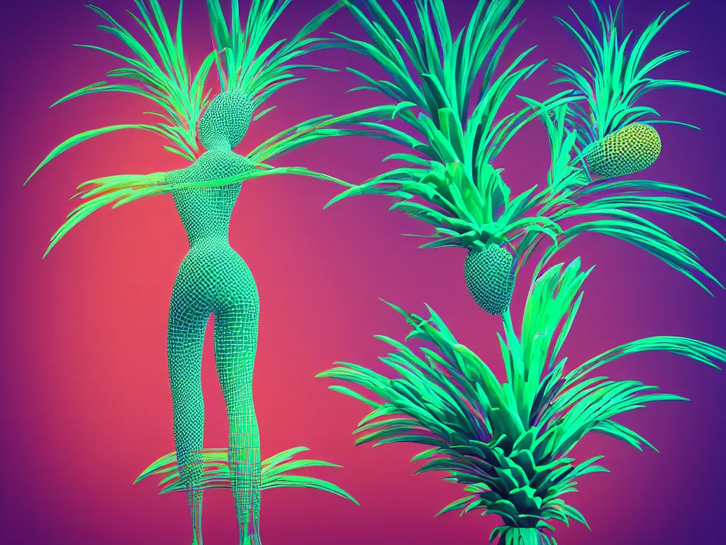 Prompt: “ a beautiful mannequin covered in geometrical 3 d print, a portal to a new world, flowering pineapples and orchids, transcendent, vibrant color, clean linework, finely detailed, 4 k, trending on artstation, photorealistic, volumetric lighting, octane render ”