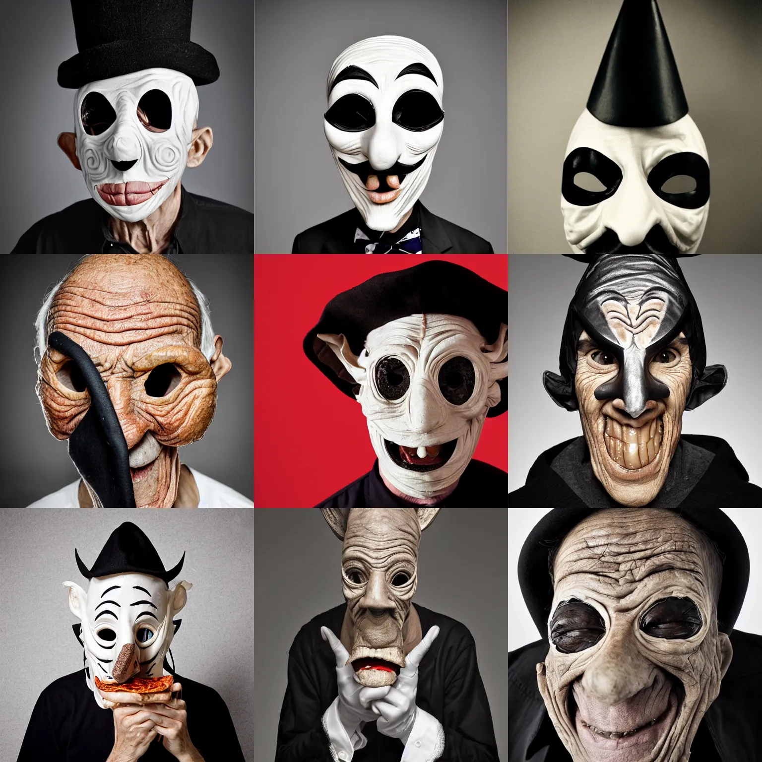 Prompt: portrait photo of an old wrinkled man, skinny face, bony face, long nose, crooked nose, large full mouth, black pulcinella masquerade mask, pointy conical hat, white wrinkled shirt, presenting pizza, black background, close - up, skin blemishes, menacing, intimidating, masterpiece by kenneth willardt