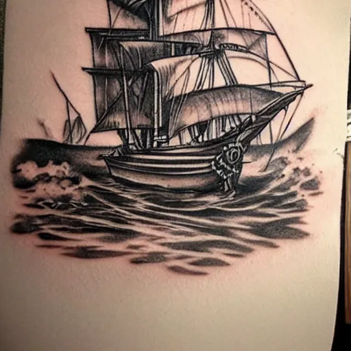 Image similar to realism tattoo design sketch of a pirate ship, by Da Ink