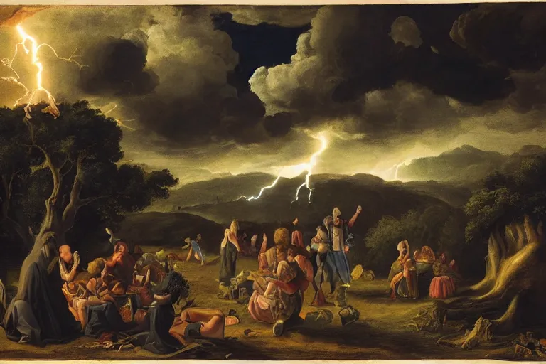 Image similar to a detailed illustration of a god ruining a picnic in the park, nightmare in the park, small crowd of people, calamity, dark storms with lightning, 8 k, in a baroque style