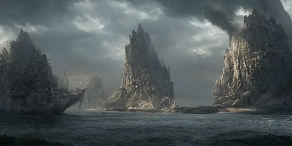 Image similar to screenshot from a movie, epic matte painting of an island, cinematic cinematography masterpiece, greg rutkowski, and ivan aivazovski, roger deakins, giger