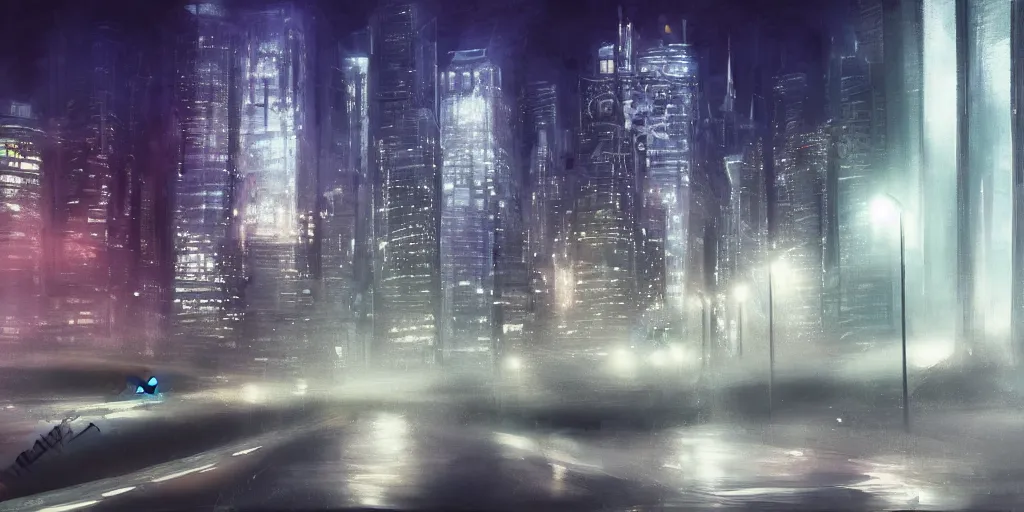 Image similar to a futuristic cityscape at night, foggy, soft lighting, realistic painting