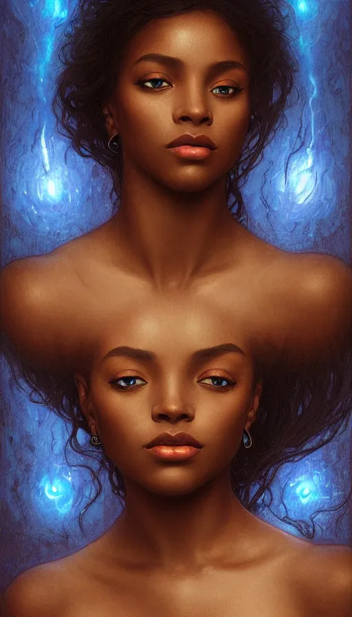 Prompt: Portrait of a beautiful dark skinned mermaid, mermaid, realistic, photo real, blue lighting, intricate, elegant, highly detailed, digital painting, artstation, smooth, sharp focus, illustration, art by artgerm and greg rutkowski and alphonse mucha and Wayne Barlowe and william-adolphe bouguereau