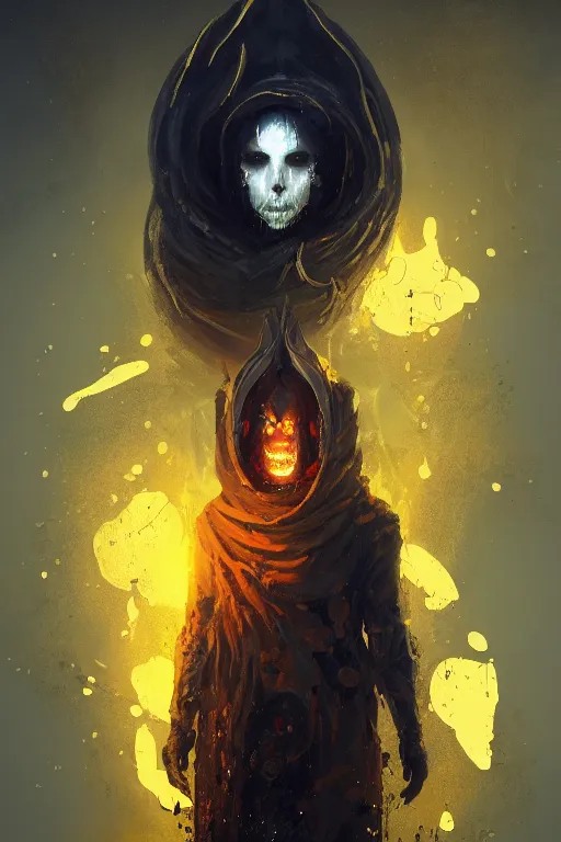 Image similar to A full body portrait of a mysterious character with an eye for a face with a very long hooded yellow cloak, a golden crown floating above his head tentacles coming out the ground art by Maciej Kuciara and Jason Chan, ominous, cosmic horror, trending on artstation, Ultra detailed, hyper realistic 4k